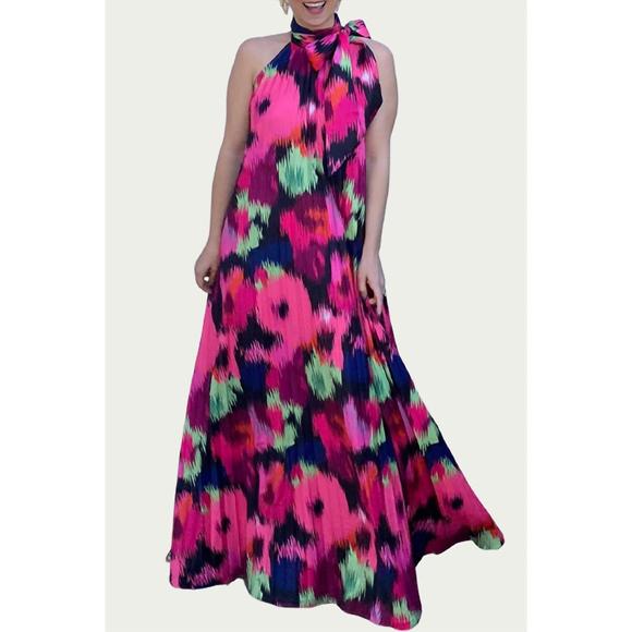 NEW ABBEY GLASS poppy pleated satin maxi dress in ikat roses